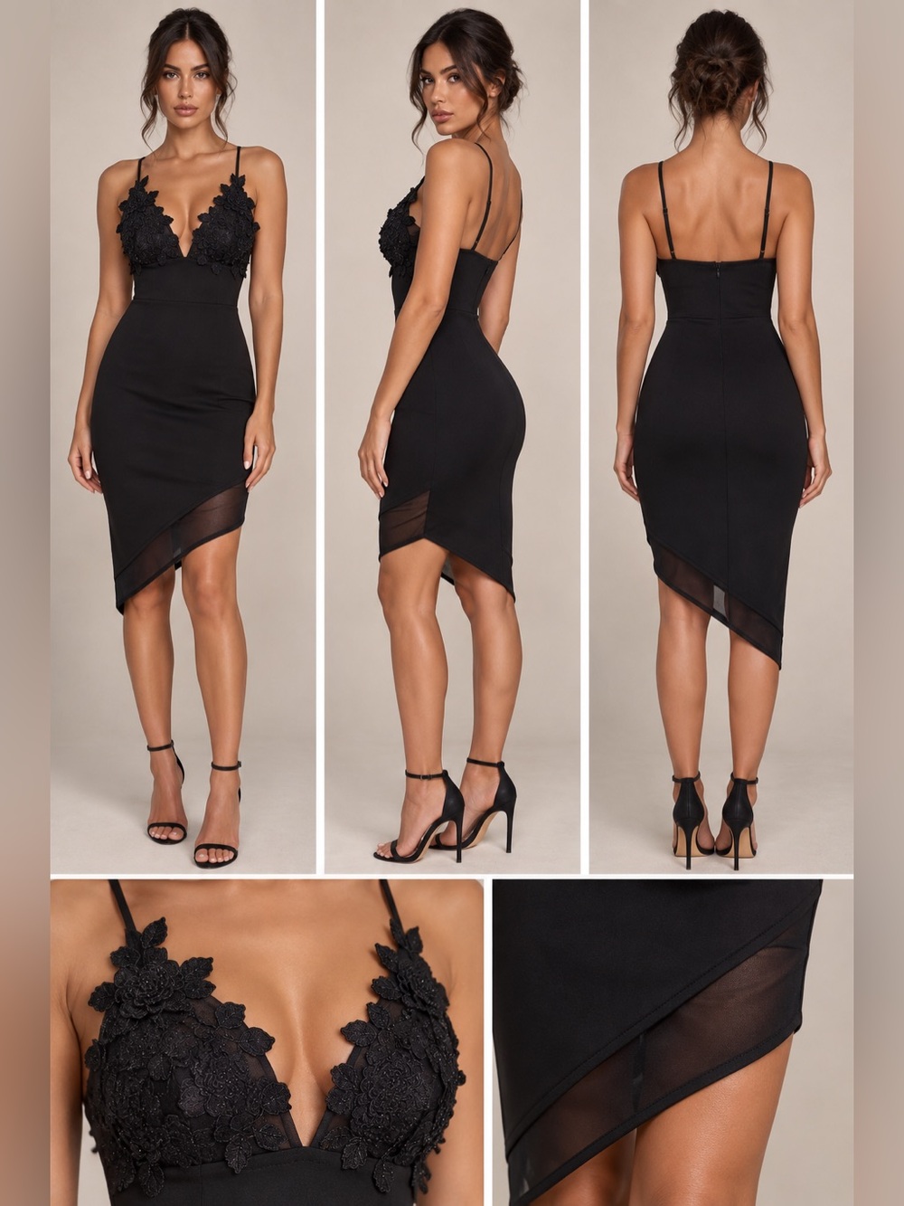 House of Troy Caprice Black Embroidered Lace Applique Bodycon Midi Dress M